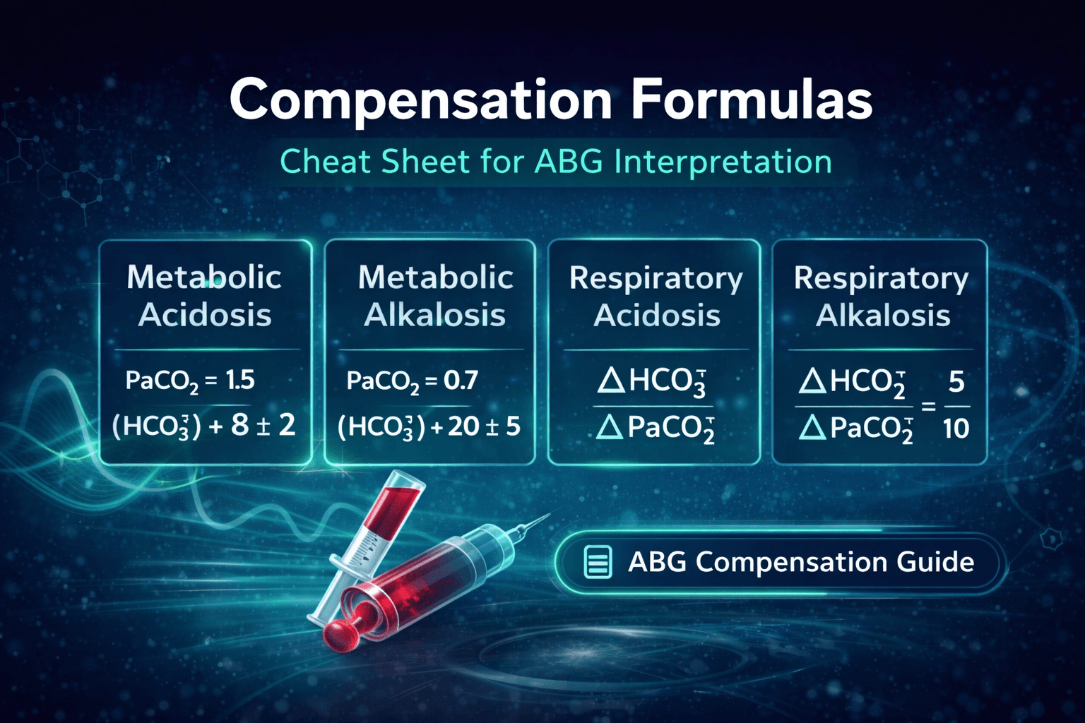 ABG compensation formulas cheat sheet for respiratory and metabolic disorders