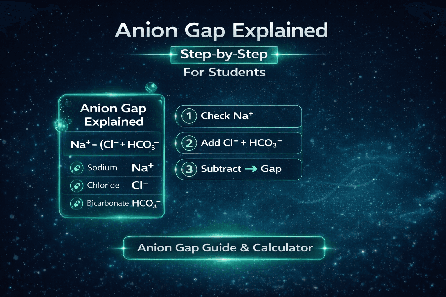 Anion gap calculation formula Na minus Cl and HCO3 step by step for metabolic acidosis