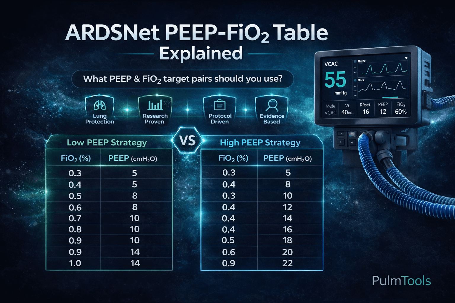 ARDSNet PEEP/FiO₂ Table Explained: Low vs High PEEP Strategy