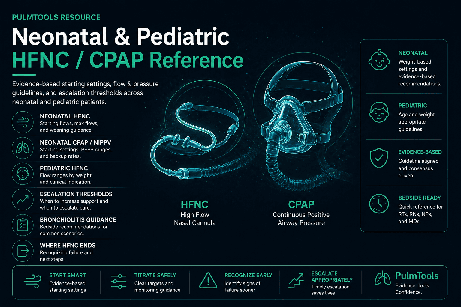 PulmTools neonatal and pediatric HFNC and CPAP reference for high flow, CPAP, NIPPV, escalation thresholds, and bronchiolitis guidance
