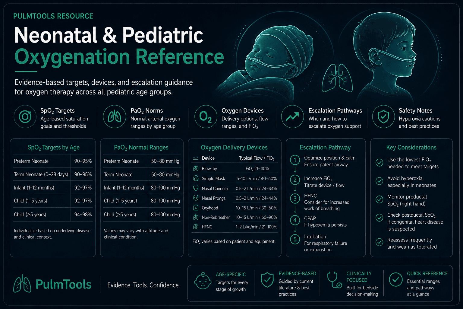 PulmTools neonatal and pediatric oxygenation reference for SpO2 targets, PaO2 ranges, FiO2 escalation, oxygen delivery devices, and escalation pathways