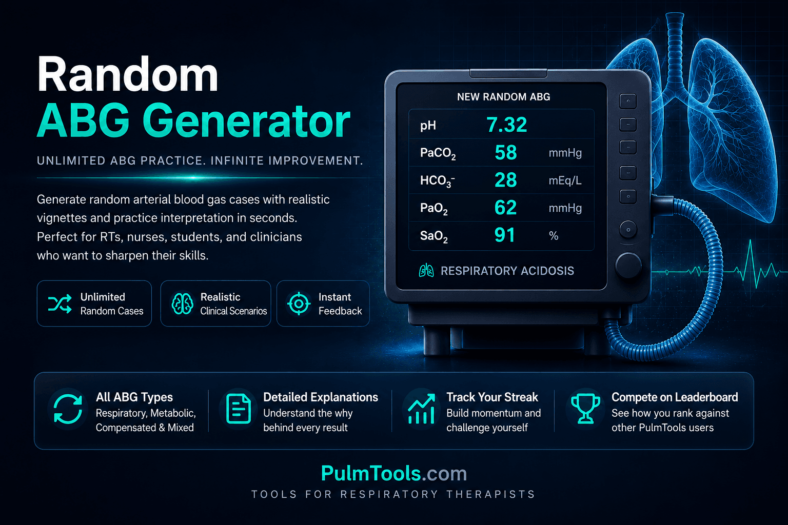 Random ABG Generator by PulmTools showing arterial blood gas practice cases with instant interpretation feedback.