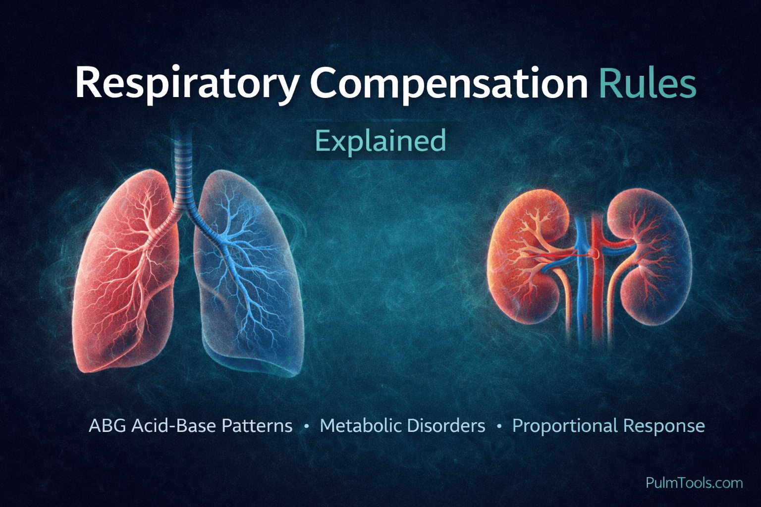 Respiratory compensation rules graphic showing lungs and kidneys for ABG acid-base interpretation