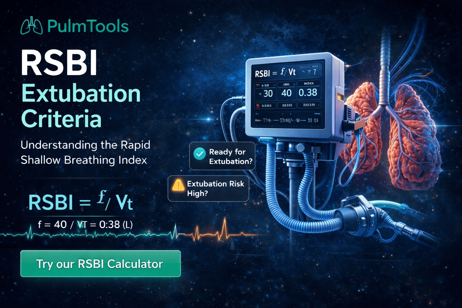 RSBI extubation criteria calculator graphic showing rapid shallow breathing index formula and ventilator assessment