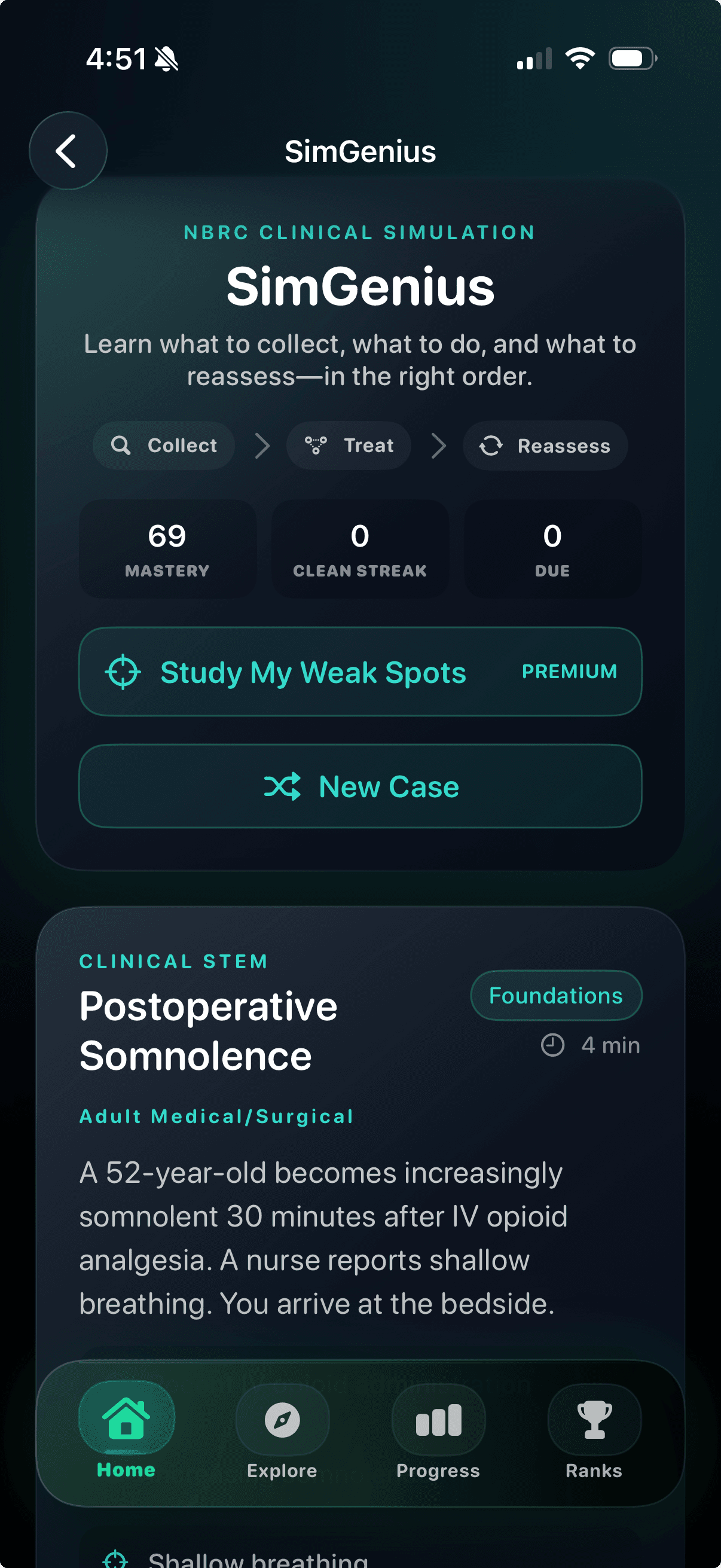 SimGenius mobile dashboard with mastery, clean streak, due review, and Study My Weak Spots controls