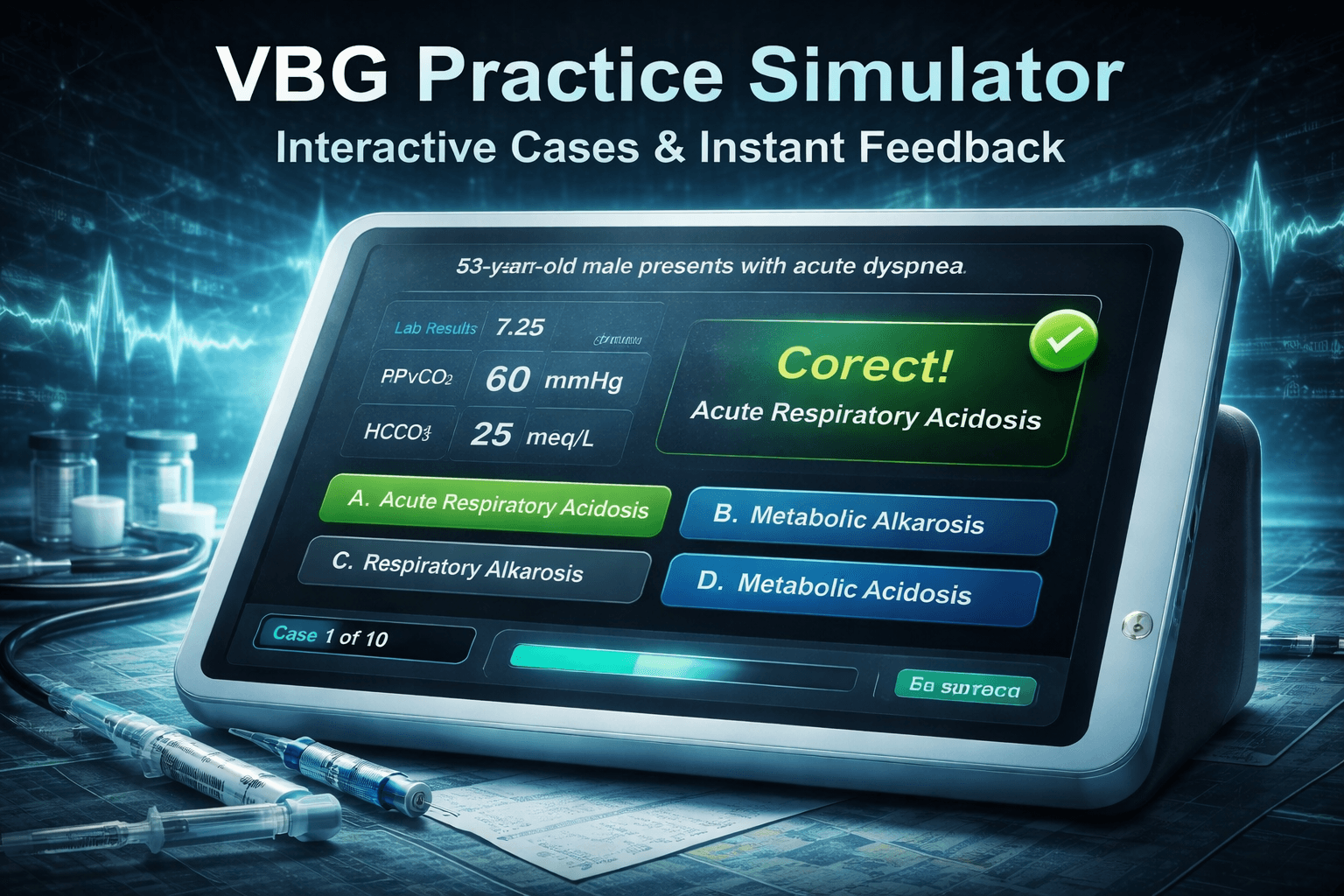 VBG practice simulator for venous blood gas interpretation with realistic cases