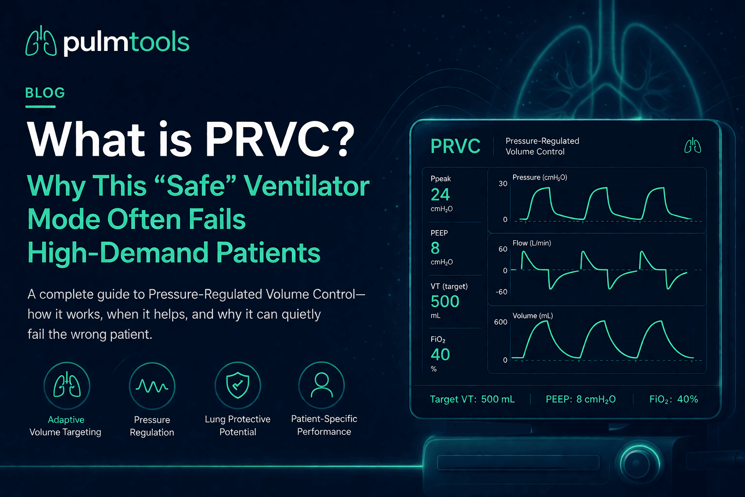 PulmTools blog cover explaining PRVC pressure-regulated volume control ventilator mode and why it can fail high-demand patients
