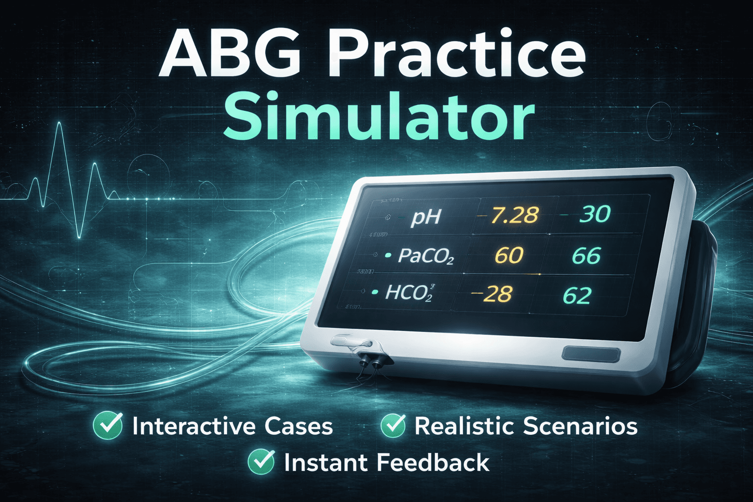 ABG practice simulator with arterial blood gas values