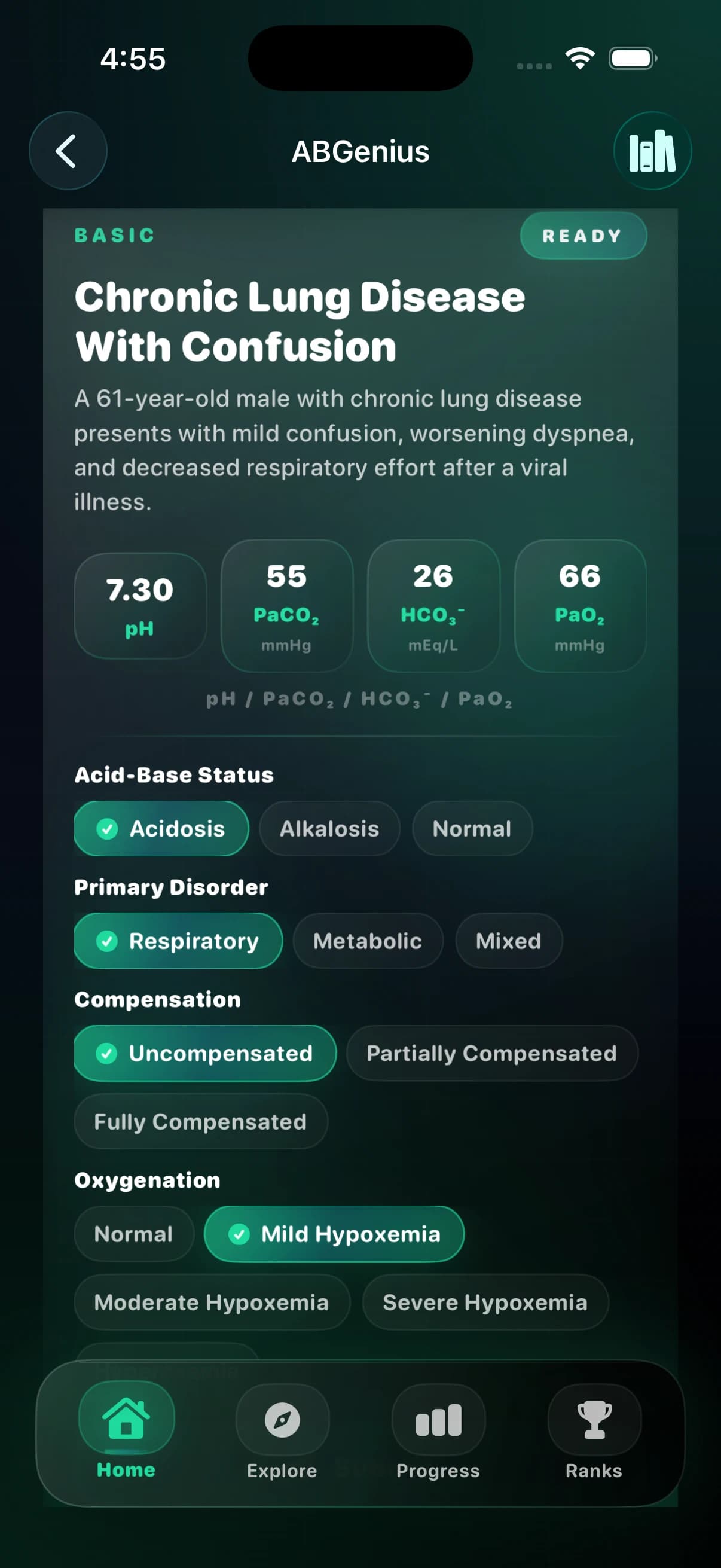 ABGenius case screen showing chronic lung disease with confusion and ABG interpretation choices