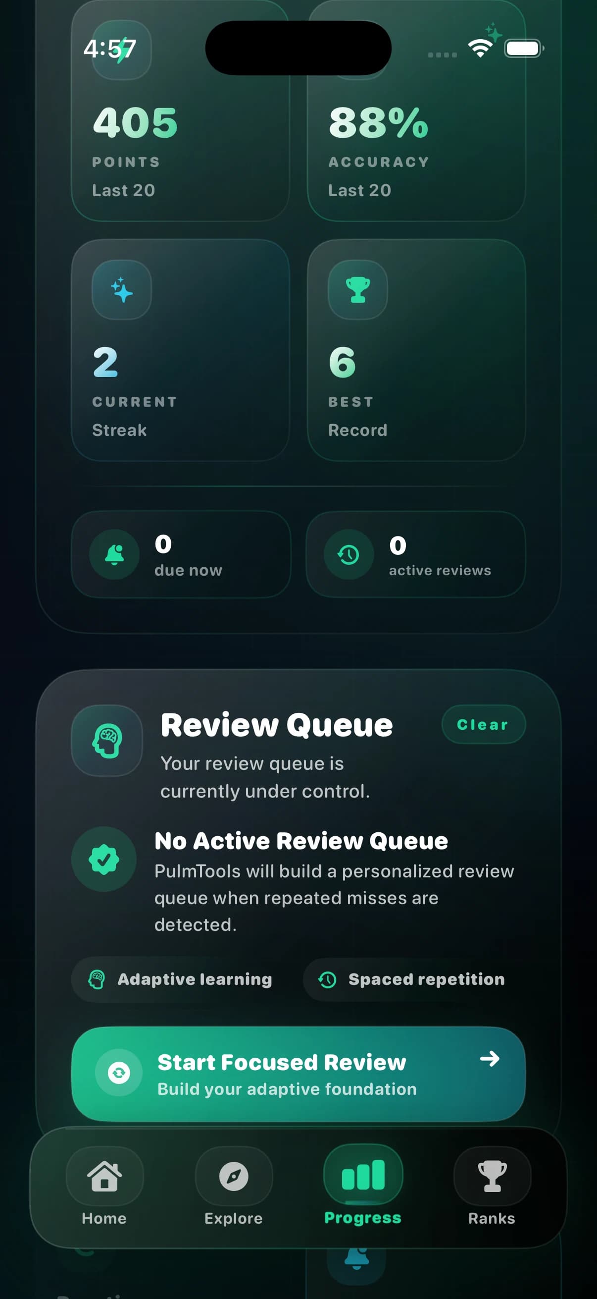 ABGenius progress screen showing points, accuracy, and a personalized review queue