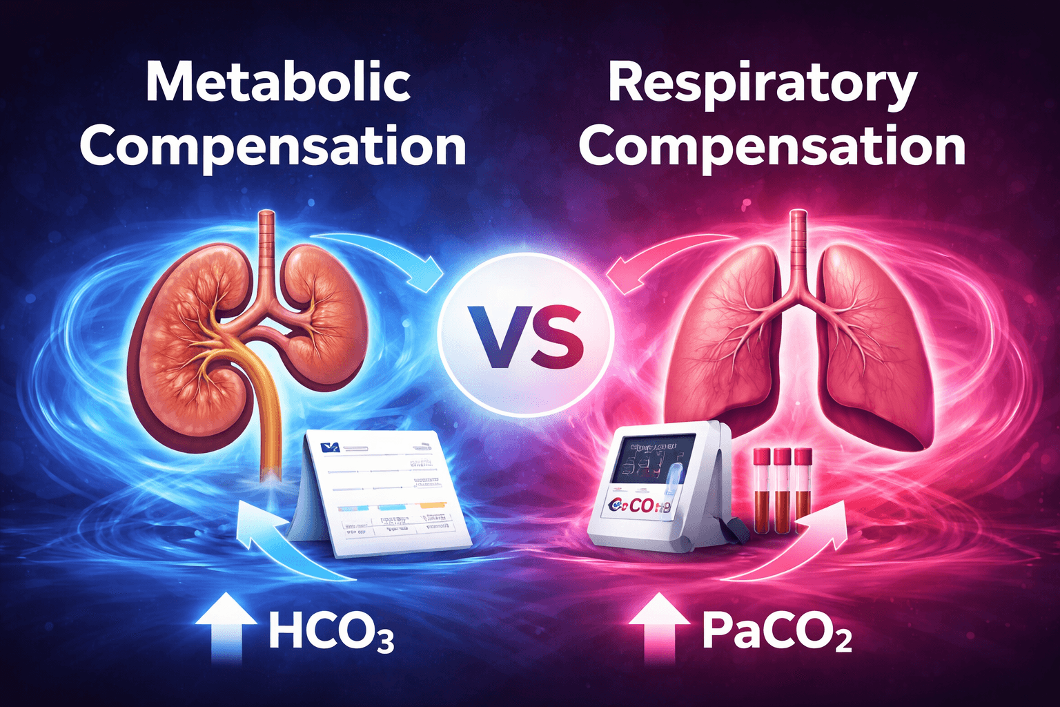 Metabolic vs respiratory compensation in ABG interpretation with acid-base calculation guide