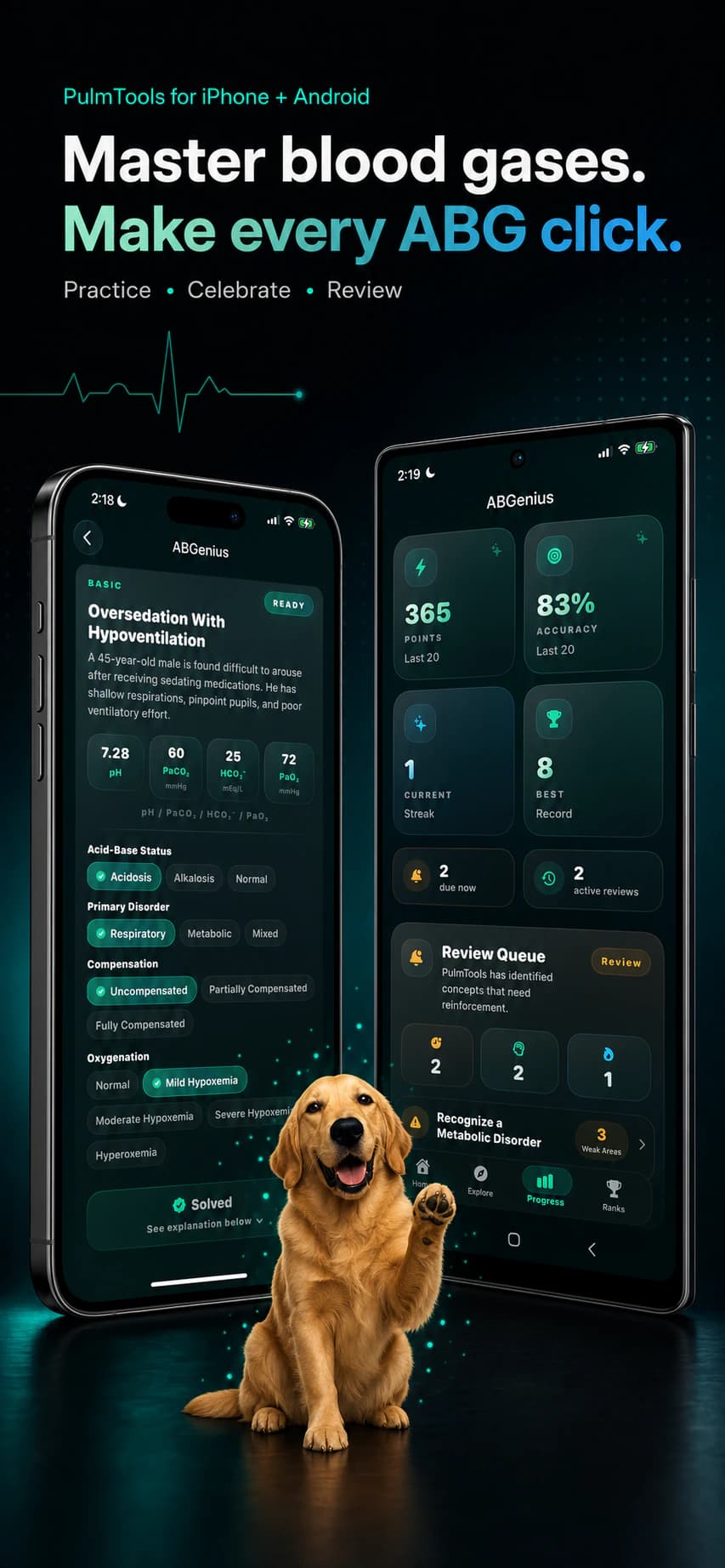 ABGenius on iPhone and Android showing an arterial blood gas practice case, progress dashboard, adaptive review queue, and golden retriever celebration