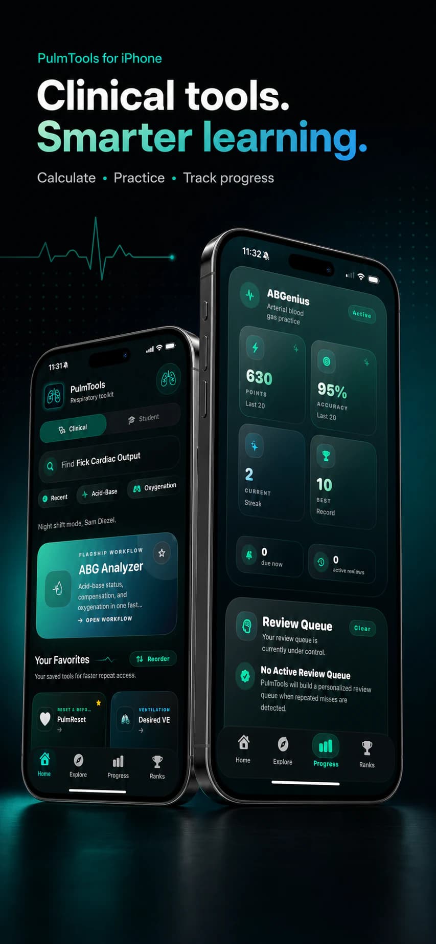 PulmTools iPhone app showing the clinical home screen and ABGenius progress tracking dashboard