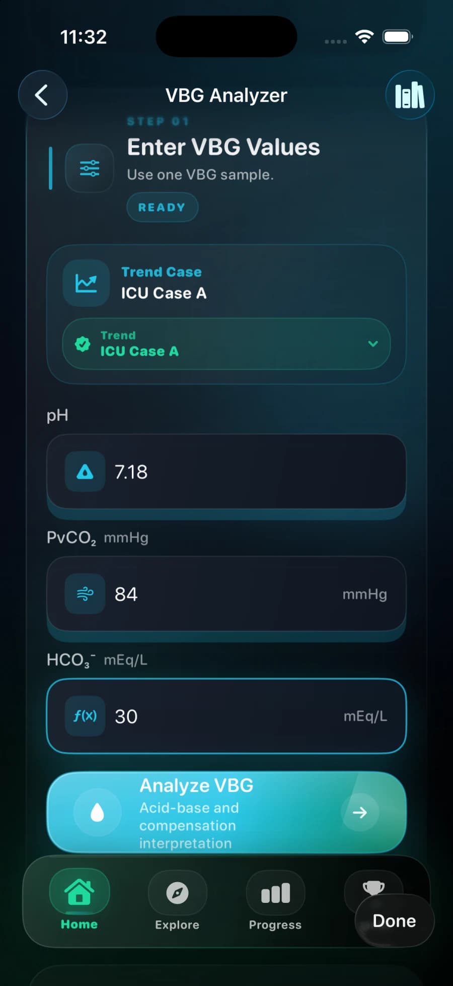 PulmTools iPhone VBG Analyzer screen with pH, PvCO₂, and HCO₃⁻ entry fields